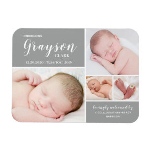 Gray Photo Collage Baby Birth Announding Magnet Magneet