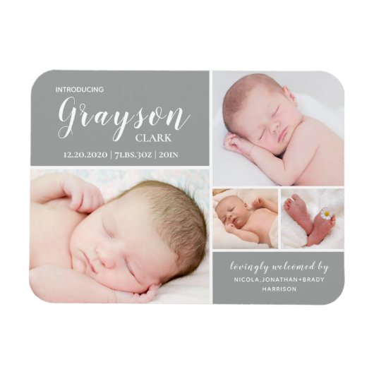 Gray Photo Collage Baby Birth Announding Magnet Magneet (Horizontaal)