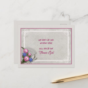 Gray Pink Blue Floral Bouquet Bloemenmeisje Aankondigingskaart