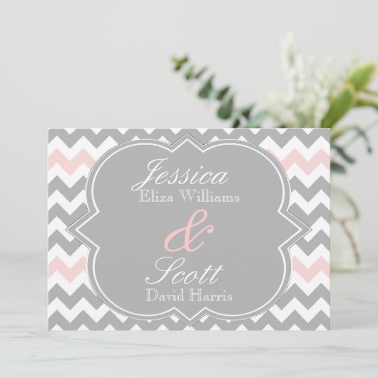 Gray Pink Chevron Wedding Kaart (Staand voorkant)