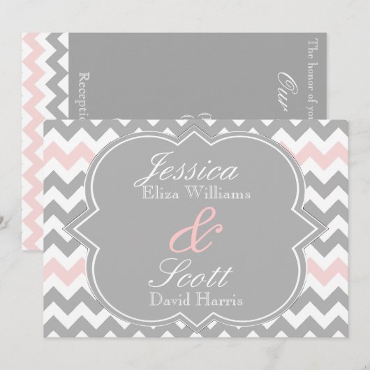 Gray Pink Chevron Wedding Kaart (Voorkant / Achterkant)