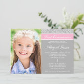 Gray Pink Damask Girl Foto Eerste Communie Kaart (Staand voorkant)