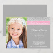 Gray Pink Damask Girl Foto Eerste Communie Kaart (Voorkant / Achterkant)