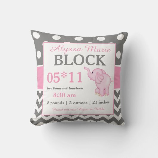 Gray Pink Elephant Baby Announcement Pillow Kussen (Voorkant)