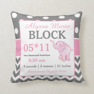 Gray Pink Elephant Baby Announcement Pillow Kussen