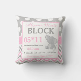 Gray Pink Elephant Baby Announcement Pillow Kussen