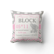 Gray Pink Elephant Baby Announcement Pillow