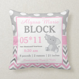Gray Pink Elephant Baby Announcement Pillow Kussen