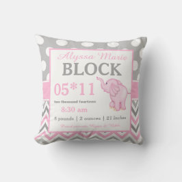 Gray Pink Elephant Baby Announcement Pillow Kussen