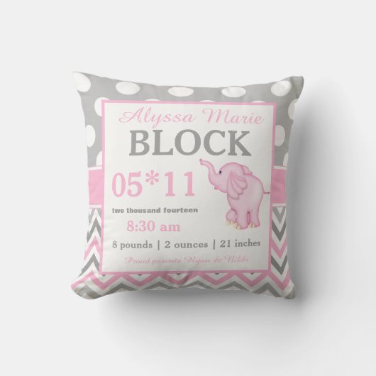 Gray Pink Elephant Baby Announcement Pillow Kussen (Voorkant)