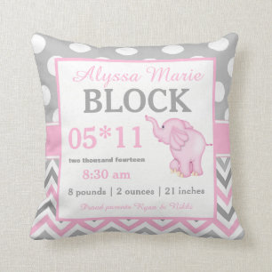 Gray Pink Elephant Baby Announcement Pillow Kussen