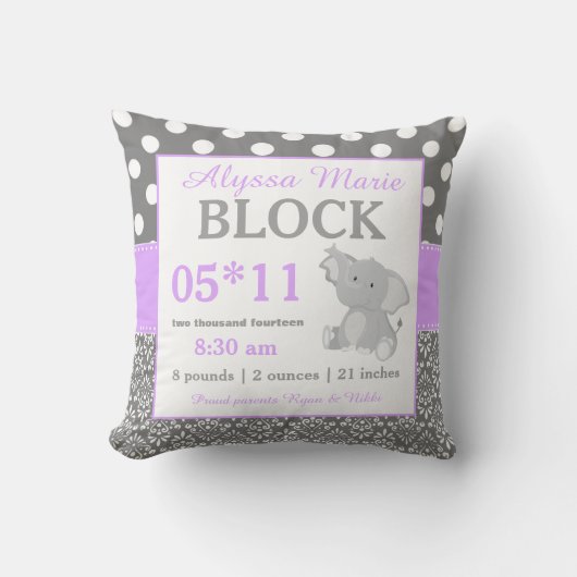 Gray Pink Elephant Baby Announcement Pillow Kussen (Voorkant)