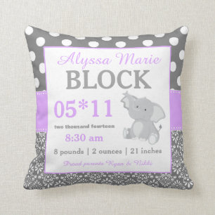 Gray Pink Elephant Baby Announcement Pillow Kussen