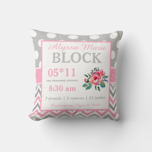 Gray Pink Floral Baby Announcement Pillow Kussen (Voorkant)