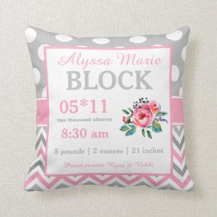 Gray Pink Floral Baby Announcement Pillow Kussen