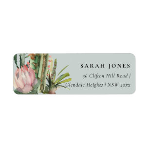 GRAY PINK FLORAL CACTI FOLIAGE WATERVERF ADRES ETIKET