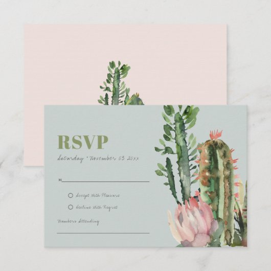 GRAY PINK FLORAL CACTI FOLIAGE WATERVERF RSVP (Voorkant / Achterkant)