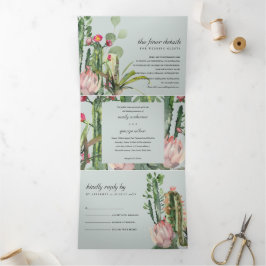 GRAY PINK FLORAL CACTI FOLIAGE WATERVERF WEDDING DRIELUIK UITNODIGING