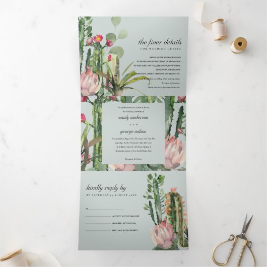 GRAY PINK FLORAL CACTI FOLIAGE WATERVERF WEDDING DRIELUIK UITNODIGING (Binnen)