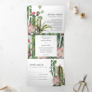 GRAY PINK FLORAL CACTI FOLIAGE WATERVERF WEDDING DRIELUIK UITNODIGING