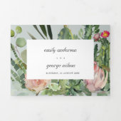 GRAY PINK FLORAL CACTI FOLIAGE WATERVERF WEDDING DRIELUIK UITNODIGING (Cover)