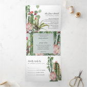 GRAY PINK FLORAL CACTI FOLIAGE WATERVERF WEDDING DRIELUIK UITNODIGING (Binnen)