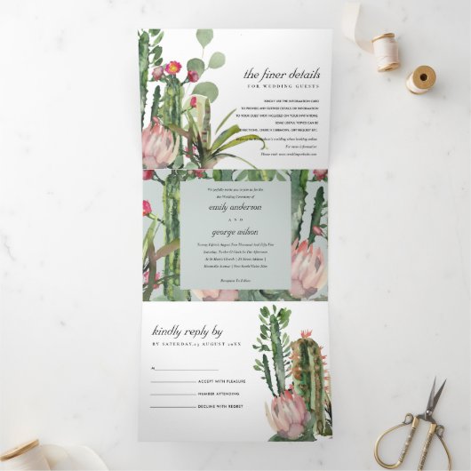 GRAY PINK FLORAL CACTI FOLIAGE WATERVERF WEDDING DRIELUIK UITNODIGING (Binnen)