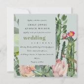GRAY PINK FLORAL CACTI FOLIAGE WATERVERF WEDDING KAART (Voorkant)
