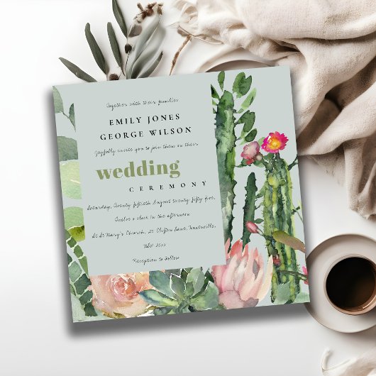 GRAY PINK FLORAL CACTI FOLIAGE WATERVERF WEDDING KAART