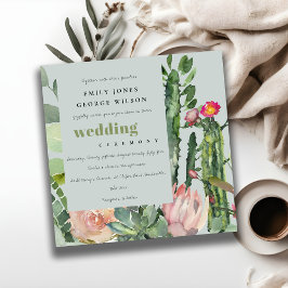 GRAY PINK FLORAL CACTI FOLIAGE WATERVERF WEDDING KAART