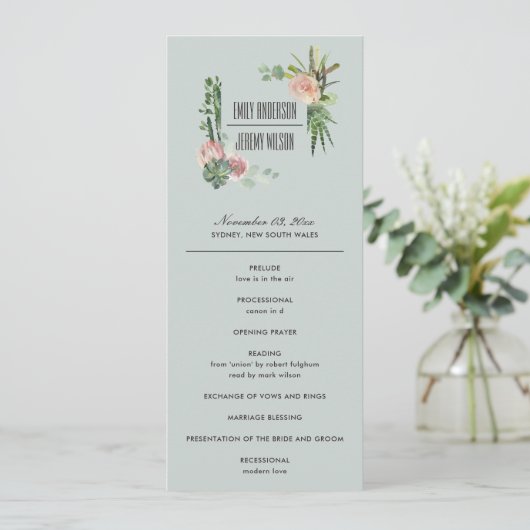 GRAY PINK FLORAL CACTI WEDDING CEREMONY PROGRAMMA (Staand voorkant)