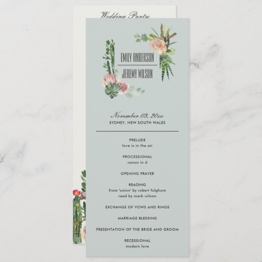 GRAY PINK FLORAL CACTI WEDDING CEREMONY PROGRAMMA (Voorkant / Achterkant)