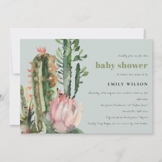 GRAY PINK FLORAL DESERT CACTI FOLIAGE BABY SHOWER KAART (Voorkant)