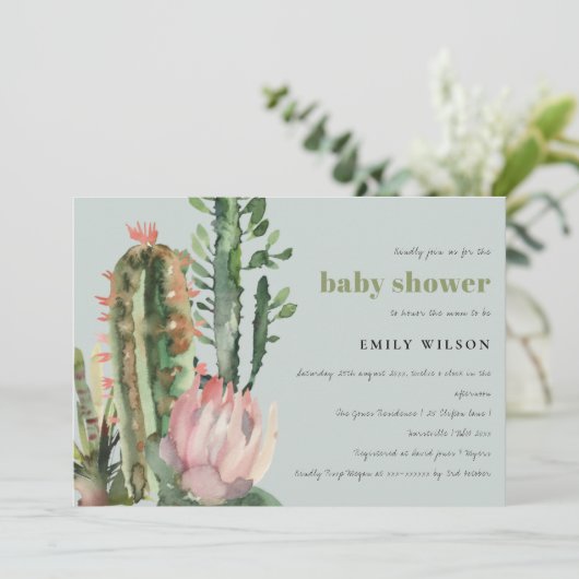 GRAY PINK FLORAL DESERT CACTI FOLIAGE BABY SHOWER KAART (Staand voorkant)