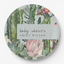 GRAY PINK FLORAL DESERT CACTI FOLIAGE BABY SHOWER PAPIEREN BORDJE