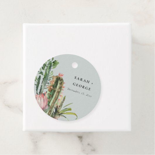 GRAY PINK FLORAL DESERT CACTI FOLIAGE WEDDING BEDANKJES LABELS (In situ)