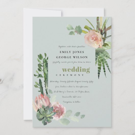 GRAY PINK FLORAL DESERT CACTI FOLIAGE WEDDING KAART (Voorkant)