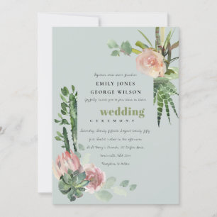 GRAY PINK FLORAL DESERT CACTI FOLIAGE WEDDING KAART