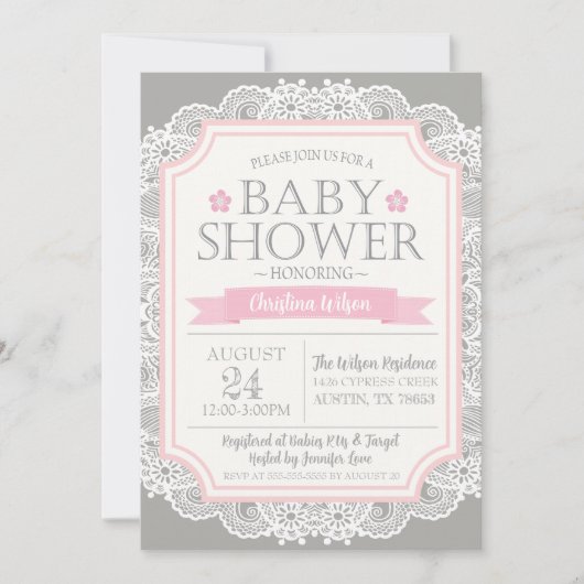 Gray Pink & Lace Baby shower Uitnodiging (Voorkant)