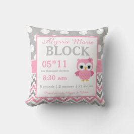 Gray Pink Owl Baby Announement Pillow Kussen