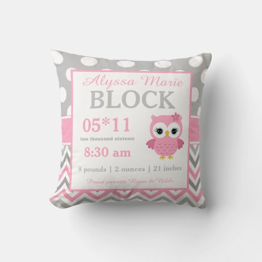 Gray Pink Owl Baby Announement Pillow Kussen (Voorkant)