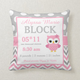 Gray Pink Owl Baby Announement Pillow Kussen