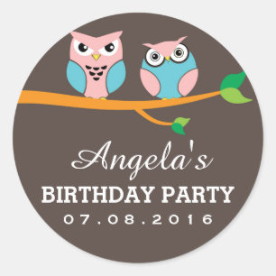 Gray Pink Owl Cartoon Sticker Birthday voor kinder