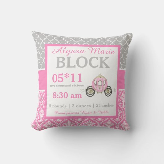 Gray Pink Princess Baby Announcement Pillow Kussen (Voorkant)
