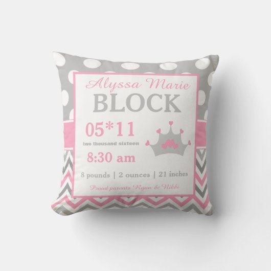 Gray Pink Princess Baby Announcement Pillow Kussen (Voorkant)