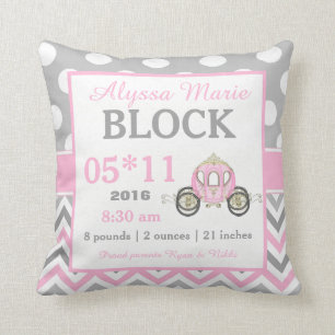 Gray Pink Princess Carriage Baby Announement Kussen