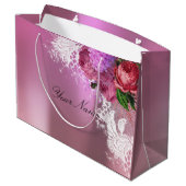 Gray Pink Red Peony White Lace Naam Metallic Large Cadeautasje (Achterkant Gekanteld)