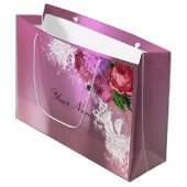 Gray Pink Red Peony White Lace Naam Metallic Large Cadeautasje (Voorkant Gekanteld)