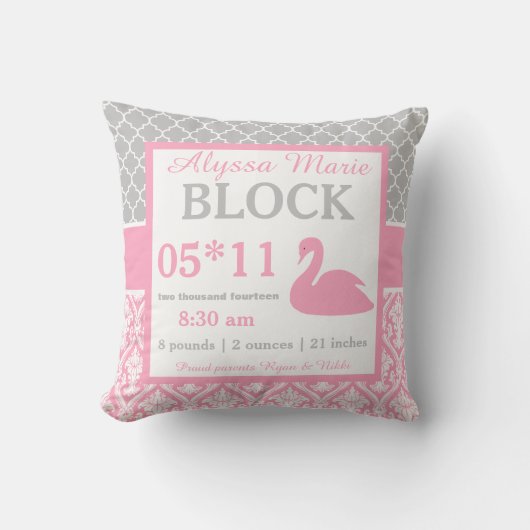 Gray Pink Swan Baby Aankondiging Pillow Kussen (Voorkant)