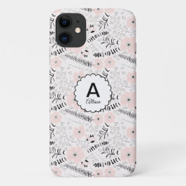 Gray Pink Whimsical Flowers Monogram Case-Mate iPhone Case